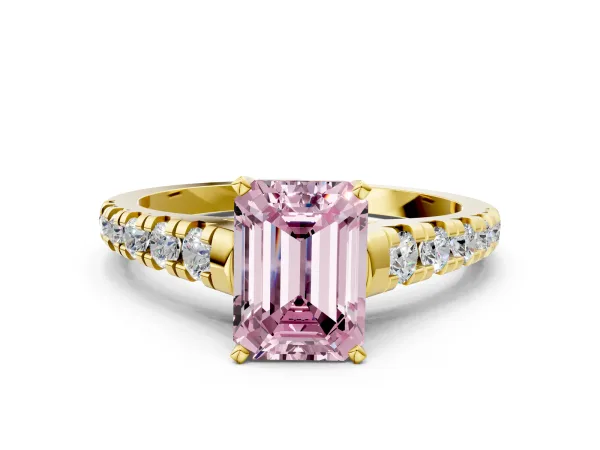 Fancy Pink Emerald Cut Diamond Cathedral Solitaire Ring with Round Pavé Band Yellow gold