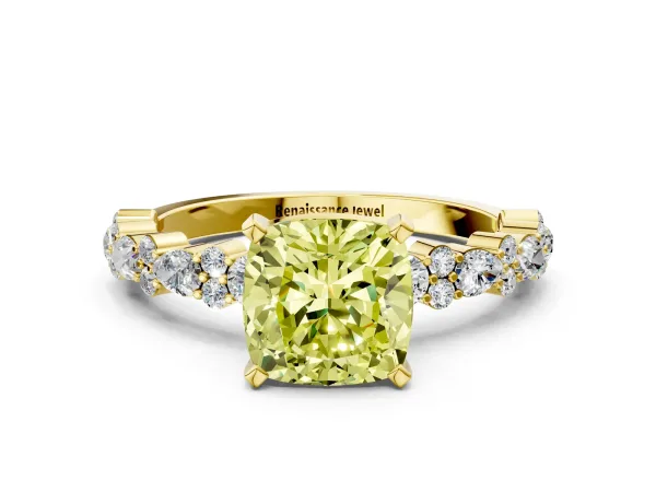 Fancy Yellow Cushion Cut Diamond Side Stone Solitaire Ring with Round and Four-Prong Setting Yellow gold