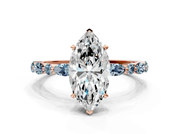 Marquise Cut Diamond Ring with Marquise and Round Aquamarine Side Stones and Four-Prong Setting Rose gold