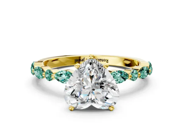Heart Cut Diamond Ring with Marquise and Round Green Sapphire Side Stones and Four-Prong Setting Yellow gold
