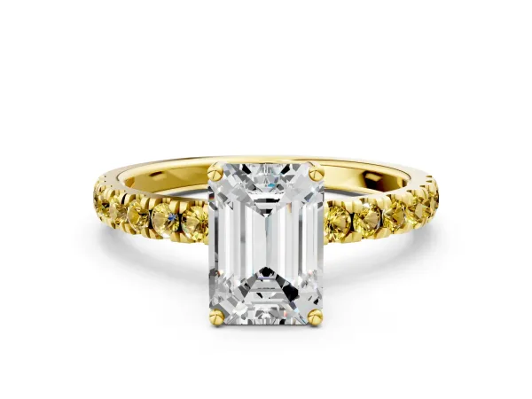 Emerald Cut Diamond Pave Band Solitaire Ring with Round Yellow Sapphire and Prong Setting Yellow gold
