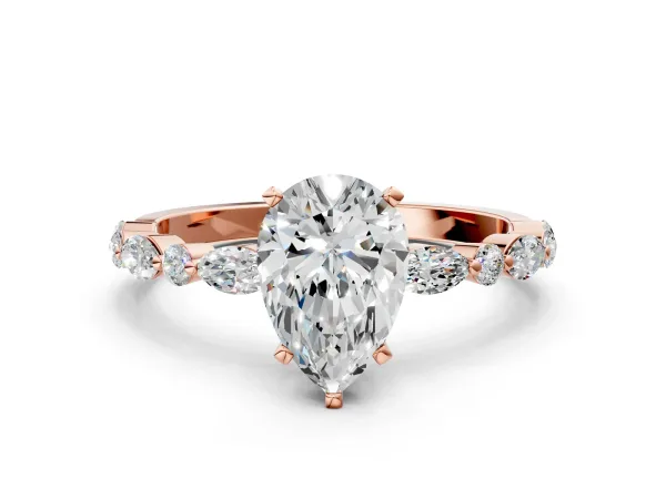 Pear Cut Diamond Ring with Marquise and Round Side Stones and Four-Prong Setting Rose gold
