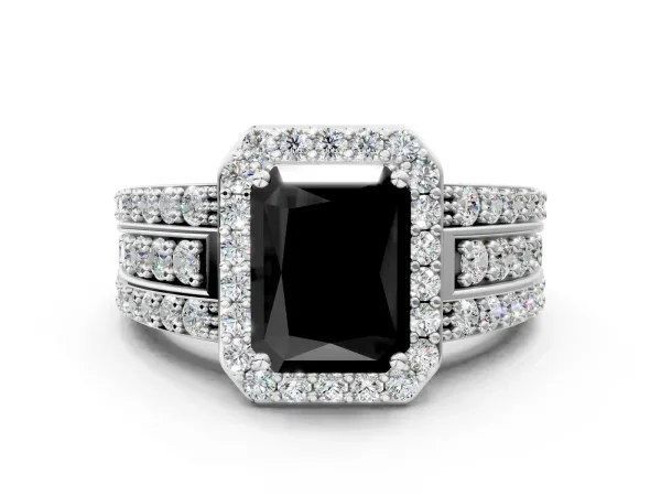 Fancy Black Radiant Cut Halo Diamond Ring with Round Split Shank and Prong Setting Silver
