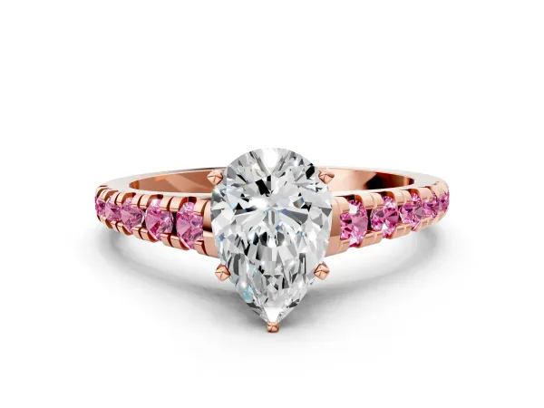 Pear Cut Diamond Cathedral Solitaire Ring with Round Pink Sapphire Pavé Band Rose gold