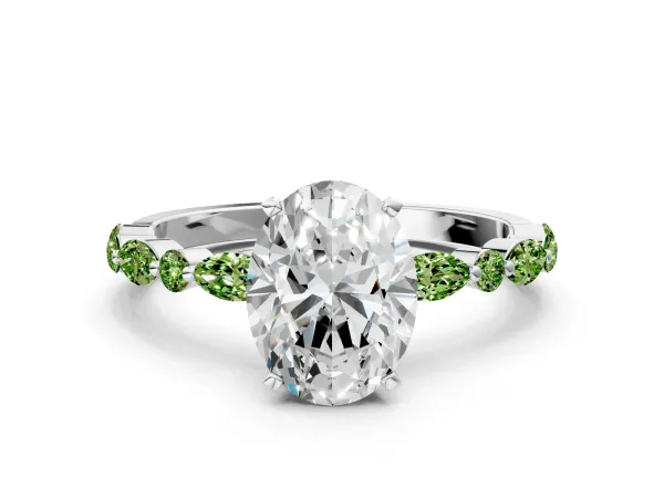 Oval Cut Diamond Ring with Marquise and Round Peridot Side Stones and Four-Prong Setting White gold