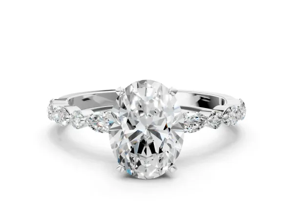Oval Cut Diamond Ring with Marquise and Round Moissanite Side Stones and Four-Prong Setting White gold