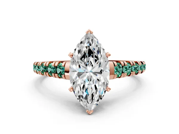 Marquise Cut Diamond Cathedral Solitaire Ring with Round Green Sapphire Pavé Band Rose gold