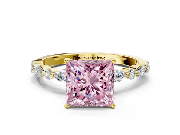 Fancy Pink Princess Cut Diamond Ring with Marquise and Round Side Stones and Four-Prong Setting Yellow gold