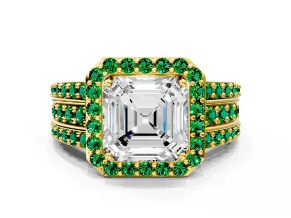 Asscher Cut Halo Diamond Ring with Round Emerald Split Shank and Prong Setting Yellow gold