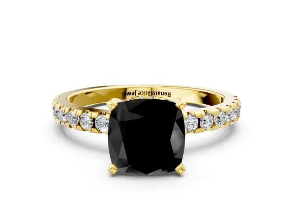 Fancy Black Cushion Cut Diamond Solitaire Ring with Round Pavé Band and Four-Prong Setting Yellow gold