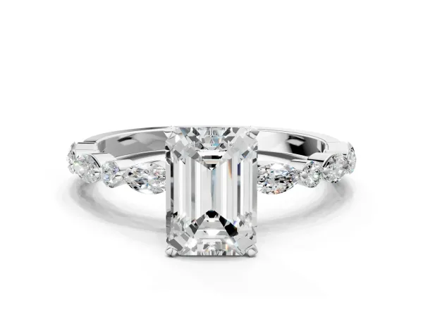 Emerald Cut Diamond Ring with Marquise and Round Side Stones and Four-Prong Setting White gold