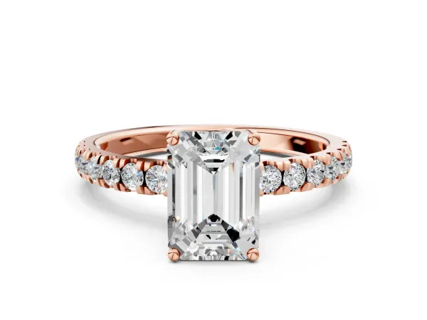 Emerald Cut Diamond Pave Band Solitaire Ring with Round and Prong Setting Rose gold