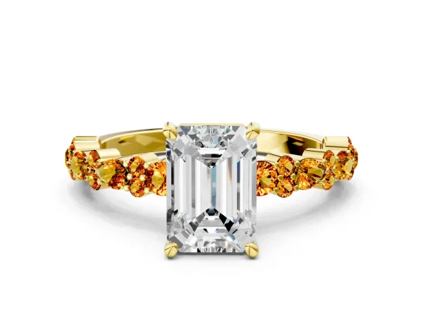Emerald Cut Diamond Side Stone Solitaire Ring with Round Citrine and Four-Prong Setting Yellow gold