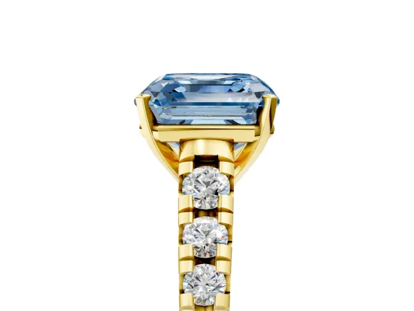 Fancy Blue Asscher Cut Diamond Cathedral Solitaire Ring with Round Pavé Band Yellow gold