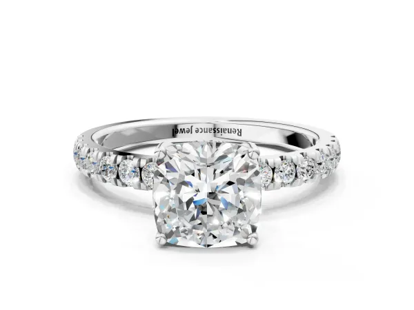Cushion Cut Diamond Pave Band Solitaire Ring with Round Moissanite and Prong Setting Silver