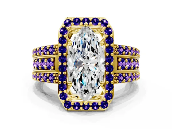 Marquise Cut Halo Diamond Ring with Round Tanzanite Split Shank and Prong Setting Yellow gold