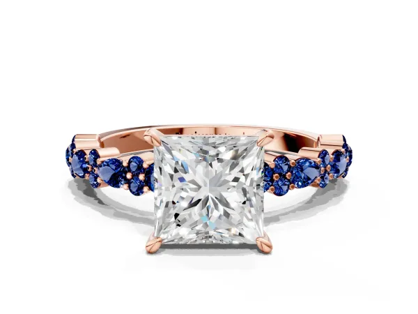 Princess Cut Diamond Side Stone Solitaire Ring with Round Blue Sapphire and Four-Prong Setting Rose gold