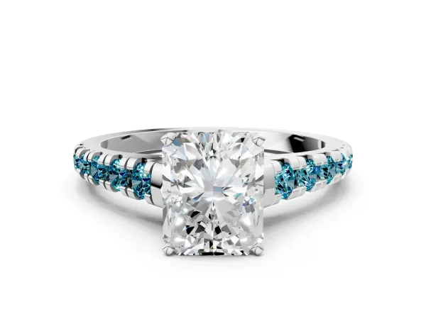 Radiant Cut Diamond Cathedral Solitaire Ring with Round Blue Topaz Pavé Band Platinum