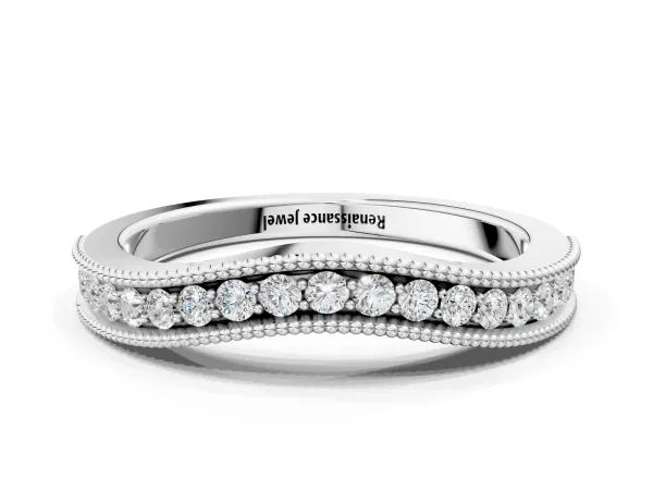 Pavé Round Diamond Contour Band with Milgrain Edge White gold