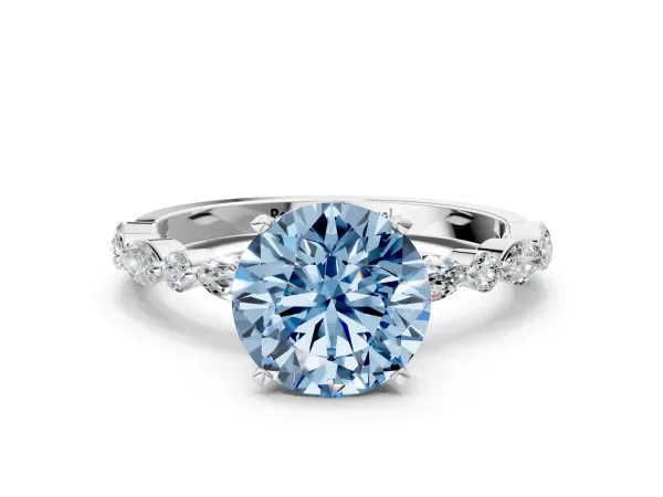 Fancy Blue Round Cut Diamond Ring with Marquise and Round Side Stones and Four-Prong Setting White gold