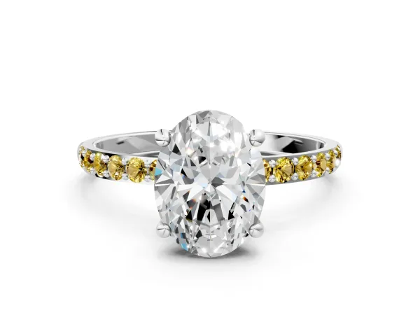 Oval Cut Diamond Solitaire Ring with Round Yellow Sapphire Pavé Band and Prong Setting Platinum
