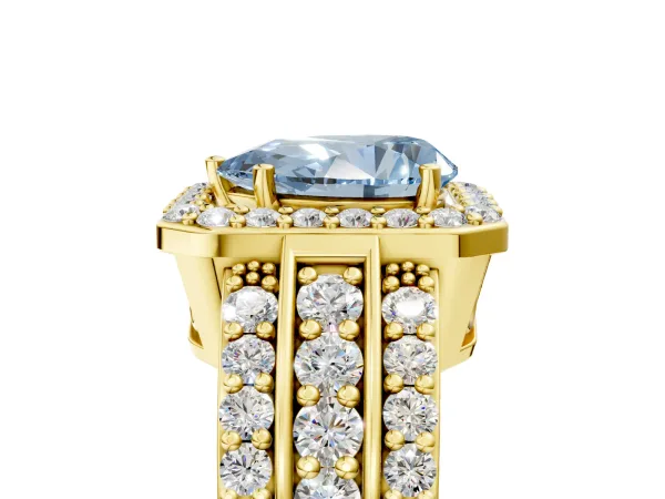 Fancy Blue Pear Cut Halo Diamond Ring with Round Split Shank and Prong Setting Yellow gold