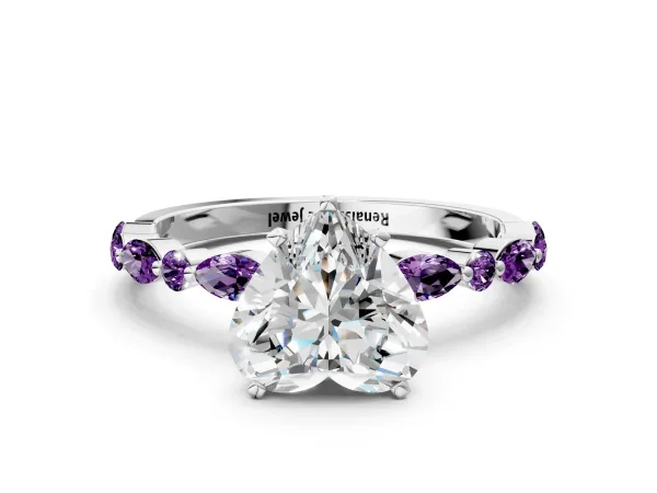 Heart Cut Diamond Ring with Marquise and Round Amethyst Side Stones and Four-Prong Setting Platinum