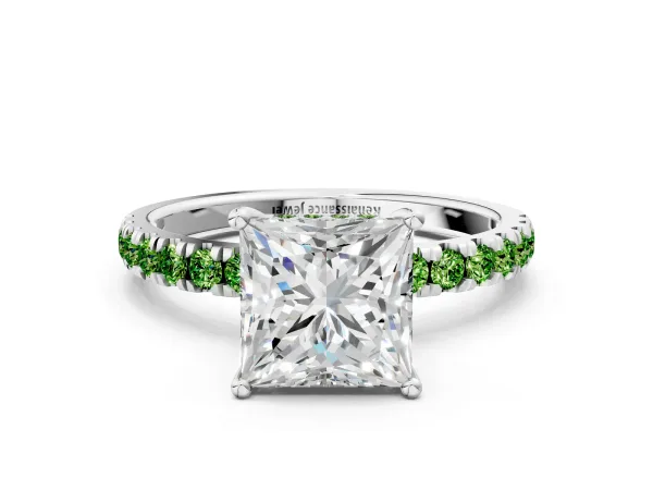 Princess Cut Diamond Pave Band Solitaire Ring with Round Peridot and Prong Setting Silver