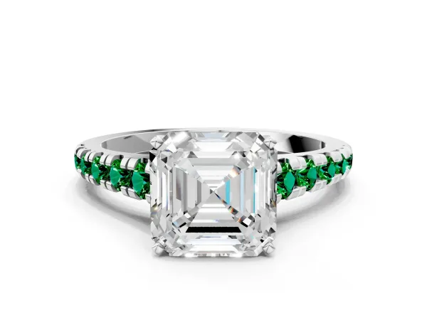 Asscher Cut Diamond Cathedral Solitaire Ring with Round Emerald Pavé Band Platinum