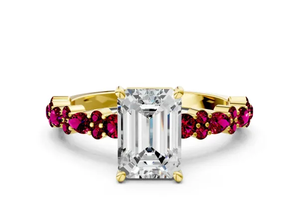Emerald Cut Diamond Side Stone Solitaire Ring with Round Garnet and Four-Prong Setting Yellow gold