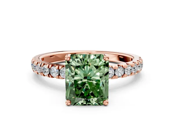 Fancy Green Radiant Cut Diamond Pave Band Solitaire Ring with Round and Prong Setting Rose gold