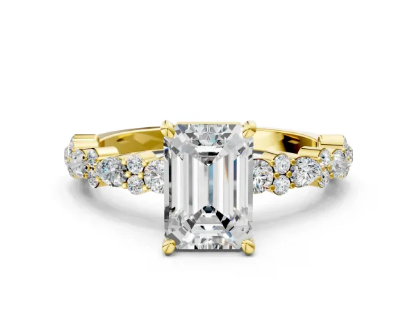 Emerald Cut Diamond Side Stone Solitaire Ring with Round Moissanite and Four-Prong Setting Yellow gold