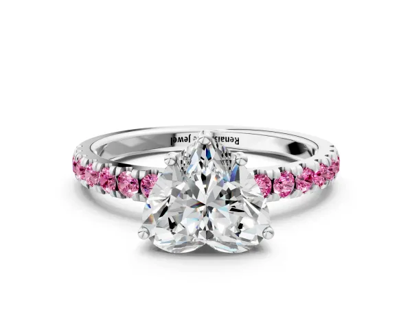Heart Cut Diamond Pave Band Solitaire Ring with Round Pink Sapphire and Prong Setting Platinum