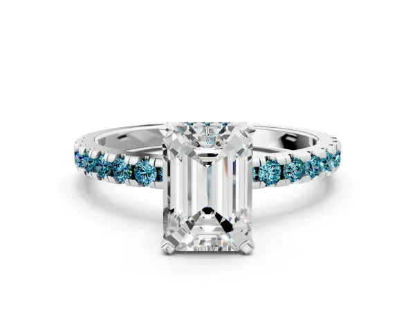 Emerald Cut Diamond Solitaire Ring with Round Blue Topaz Pavé Band and Four-Prong Setting White gold