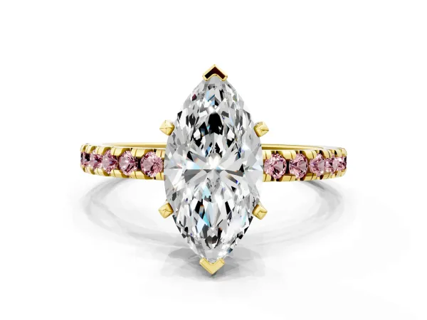 Marquise Cut Diamond Solitaire Ring with Round Morganite Pavé Band and Four-Prong Setting Yellow gold