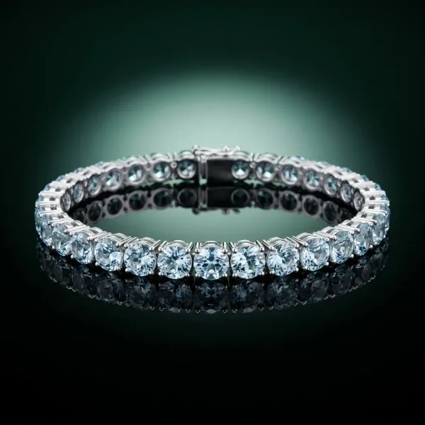 Round Brilliant Aquamarine Tennis Bracelet with Prong Setting Silver