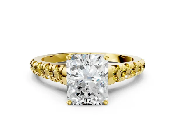 Radiant Cut Diamond Cathedral Solitaire Ring with Round Yellow Sapphire Pavé Band Yellow gold