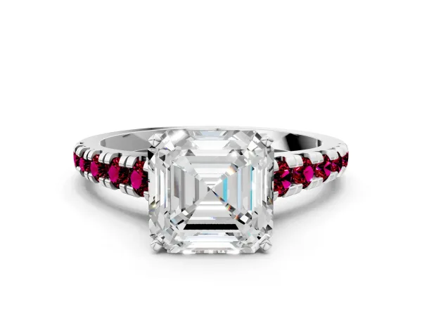 Asscher Cut Diamond Cathedral Solitaire Ring with Round Garnet Pavé Band Platinum