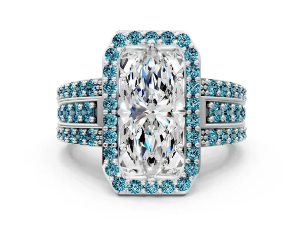 Marquise Cut Halo Diamond Ring with Round Blue Topaz Split Shank and Prong Setting Silver