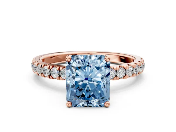 Fancy Blue Radiant Cut Diamond Pave Band Solitaire Ring with Round and Prong Setting Rose gold