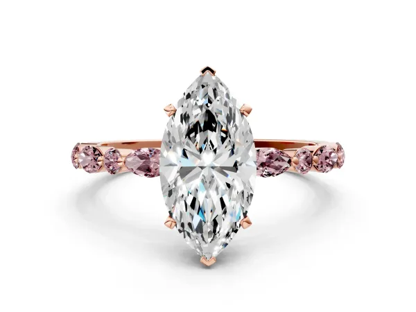 Marquise Cut Diamond Ring with Marquise and Round Morganite Side Stones and Four-Prong Setting Rose gold