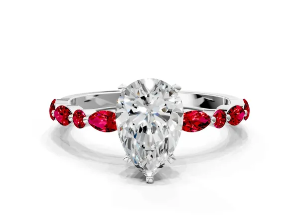 Pear Cut Diamond Ring with Marquise and Round Ruby Side Stones and Four-Prong Setting White gold