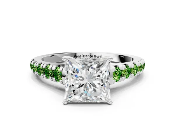 Princess Cut Diamond Cathedral Solitaire Ring with Round Peridot Pavé Band Platinum