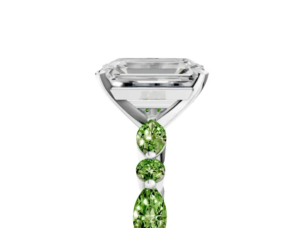 Emerald Cut Diamond Ring with Marquise and Round Peridot Side Stones and Four-Prong Setting Platinum