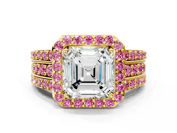 Asscher Cut Halo Diamond Ring with Round Pink Sapphire Split Shank and Prong Setting Yellow gold