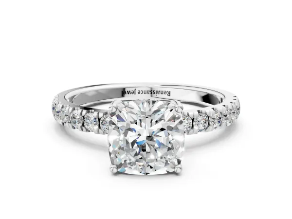 Cushion Cut Diamond Pave Band Solitaire Ring with Round and Prong Setting White gold