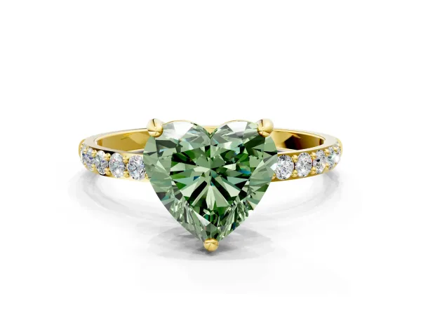 Fancy Green Heart Cut Diamond Solitaire Ring with Round Pavé Band and Prong Setting Yellow gold