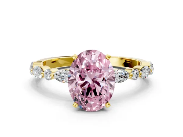 Fancy Pink Oval Cut Diamond Ring with Marquise and Round Side Stones and Four-Prong Setting Yellow gold
