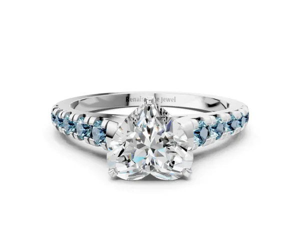 Heart Cut Diamond Cathedral Solitaire Ring with Round Aquamarine Pavé Band Platinum