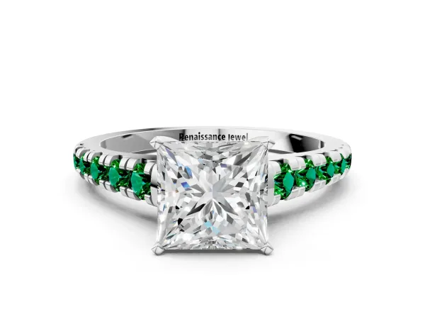 Princess Cut Diamond Cathedral Solitaire Ring with Round Emerald Pavé Band Platinum